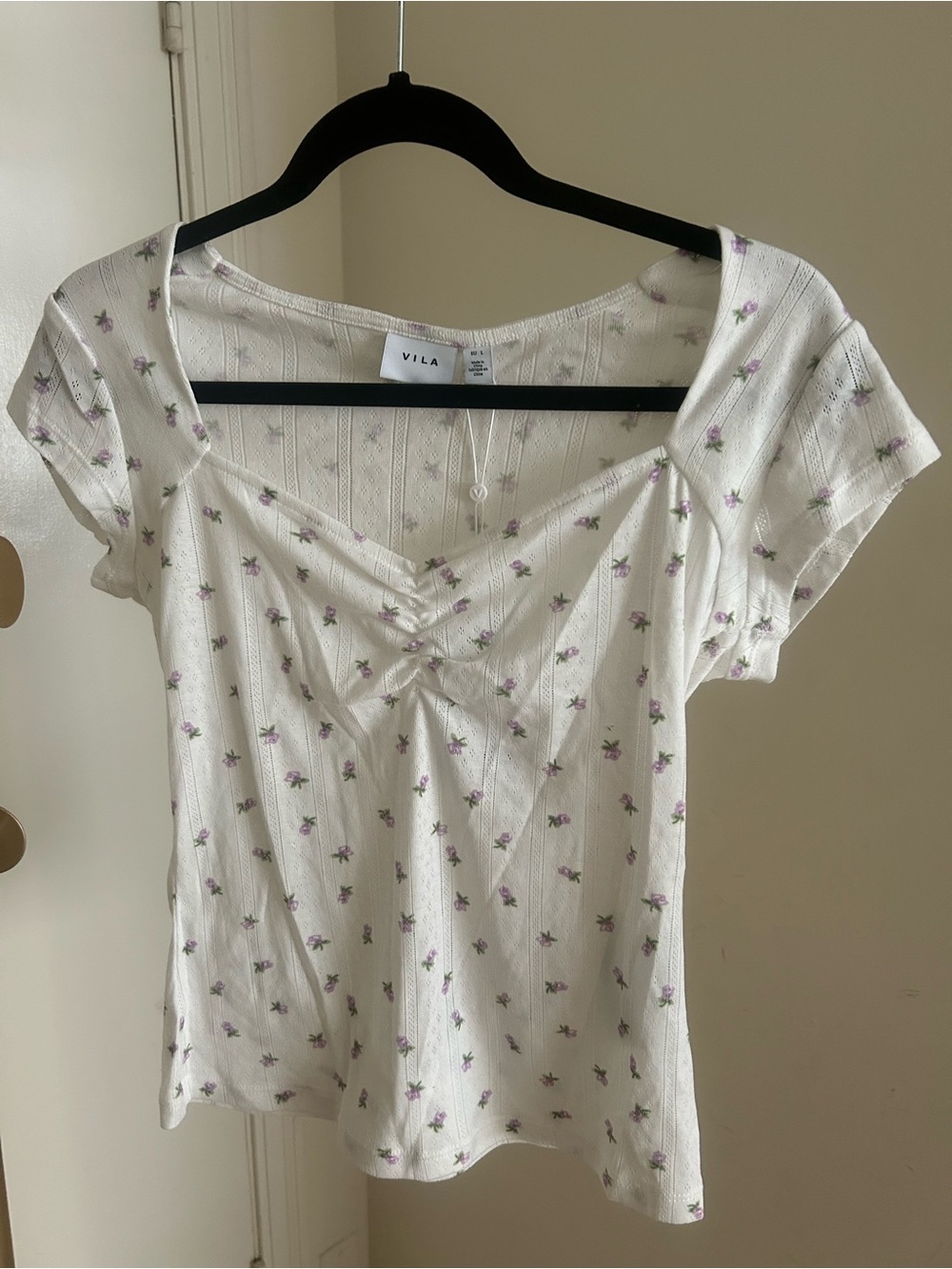 NWT Vila Floral Pointelle Knit Top Size Large Cottagecore Milkmaid Baby Tee